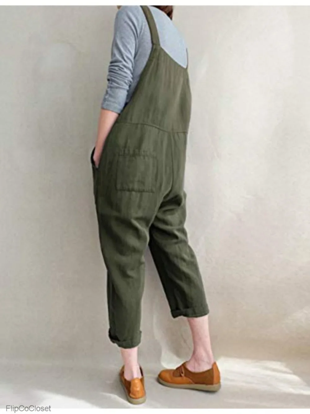 Linen Blend Overalls Jumpsuit Baggy Wide Leg Adjustable Straps